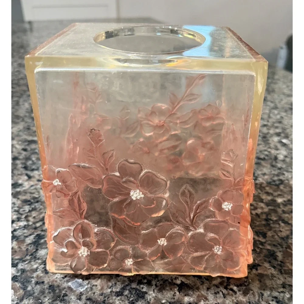 Vintage Pink Floral Acrylic Tissue Box Cover Square Embossed Flower Boutique